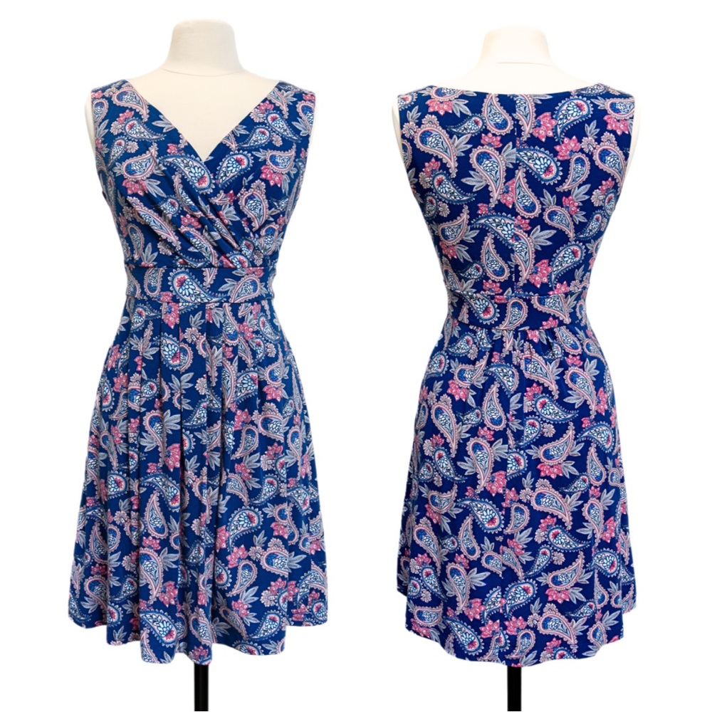 Lands' End | Knee Length Fit & Flare Dress | Blue Paisley | Medium Petite 10-12 - Picture 7 of 10